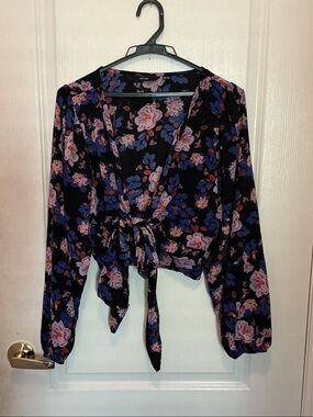 Vero Moda Black Floral Tie-Front Blouse with Pink & Blue Blooms